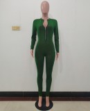 Green Zippper Up Long Sleeve Slim Fit Jumpsuit