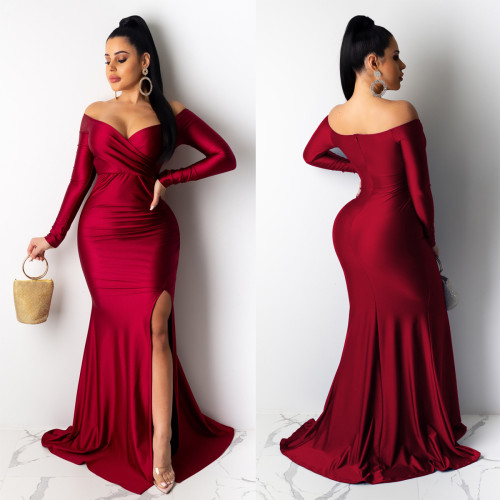 Sexy Red Off Shoulder Long Sleeve Slit Elegant Evening Dress