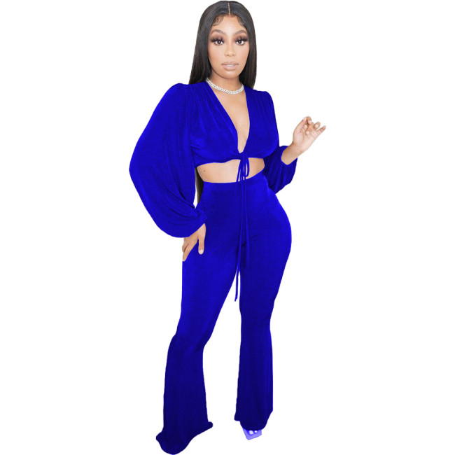 Velvet Blue Puff Sleeve Crop Top and Flare Pants 2PCS Set