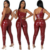 Sexy Red PU Leather One Shoulder Irregular Top and Pants Set