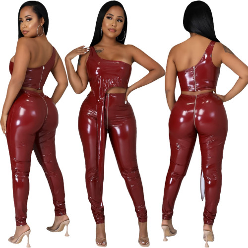 Sexy Red PU Leather One Shoulder Irregular Top and Pants Set