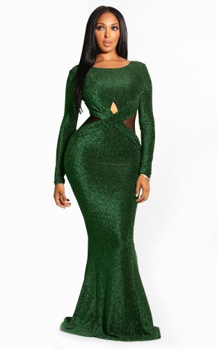 Glitter Green Long Sleeve Mesh Panel Backless Sexy Evening Dress