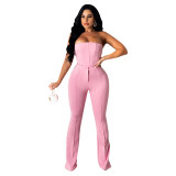 Pink Sleeveless Irregular Crop Top and Flare Pants Set