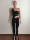 Sexy Black PU Leather One Shoulder Irregular Top and Pants Set