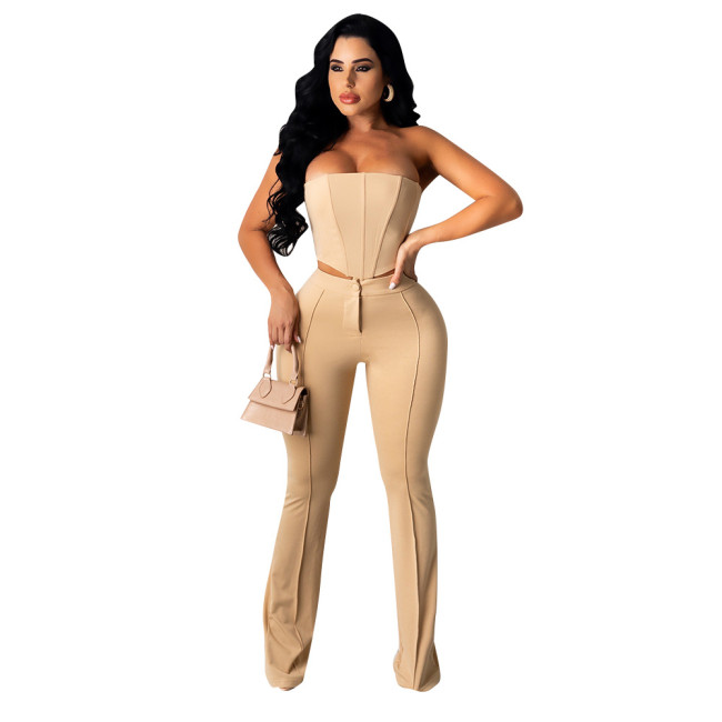 Khaki Sleeveless Irregular Crop Top and Flare Pants Set