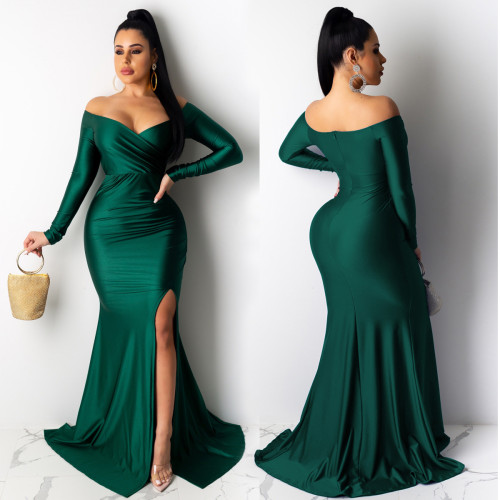 Sexy Green Off Shoulder Long Sleeve Slit Elegant Evening Dress
