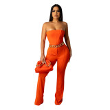 Orange Sleeveless Irregular Crop Top and Flare Pants Set