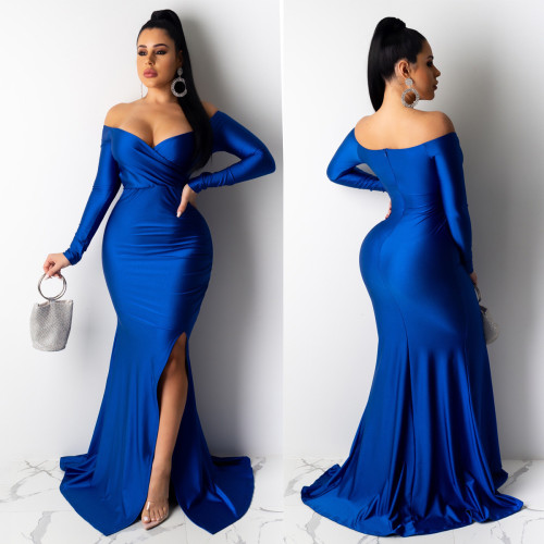 Sexy Blue Off Shoulder Long Sleeve Slit Elegant Evening Dress