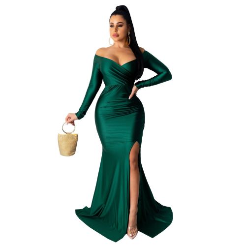 Sexy Green Off Shoulder Long Sleeve Slit Elegant Evening Dress