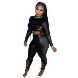 Stylish PU Leather Black Lace Up Crop Top and Pants Two Pieces