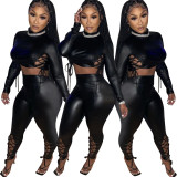 Stylish PU Leather Black Lace Up Crop Top and Pants Two Pieces