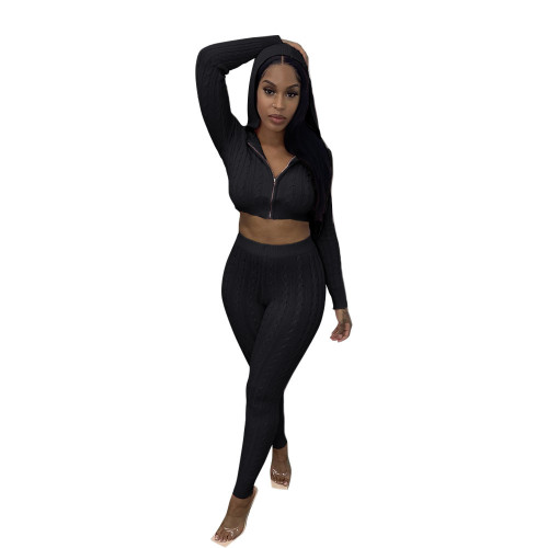 Black Knitted Zipper Hooded Crop Top and Pants 2PCS Set