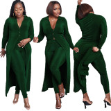 Dark Green Trendy Velvet Sexy Long Shirt and Pants 2PCS Set