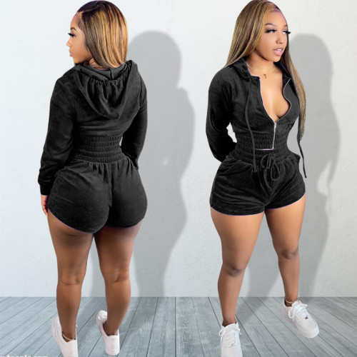 Casual Black Hooded Top and Shorts Tracksuit