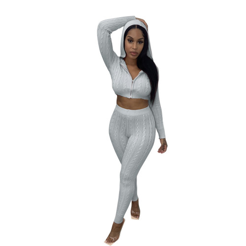 Gray Knitted Zipper Hooded Crop Top and Pants 2PCS Set