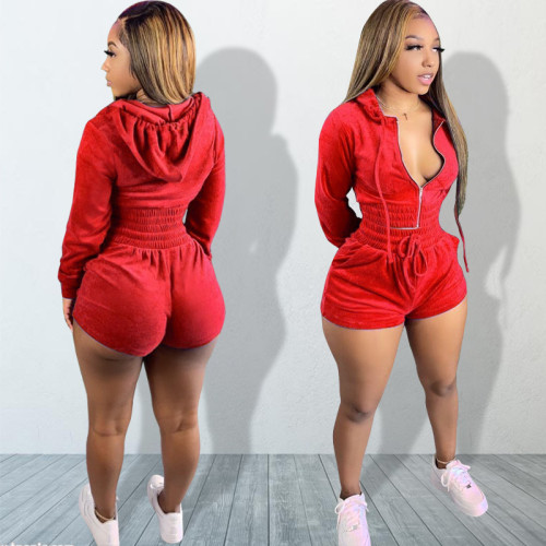 Casual Red Hooded Top and Shorts Tracksuit