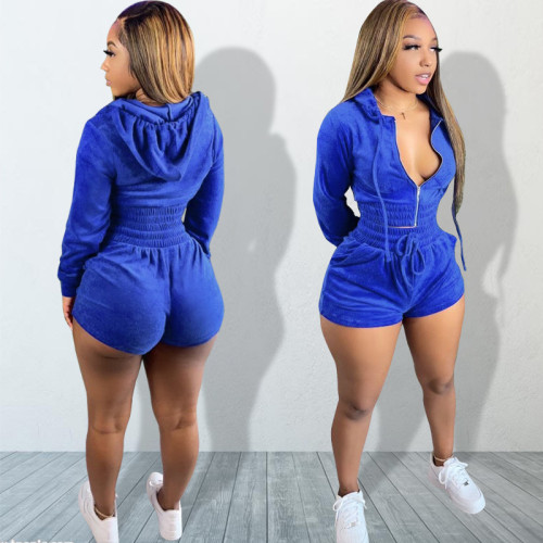 Casual Blue Hooded Top and Shorts Tracksuit