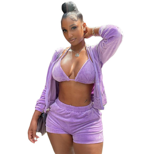 Sexy Purple Three Pieces Shorts Tracksuit