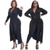 Trendy Black Velvet Sexy Long Shirt and Pants 2PCS Set