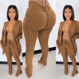 Brown Knitted Bra Top + Cardigan + Pants 3PCS Set