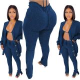 Blue Knitted Bra Top + Cardigan + Pants 3PCS Set
