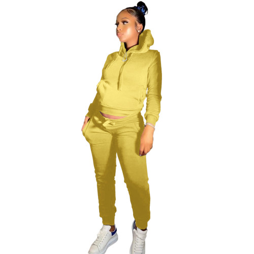 Yellow Winter Warm Solid Front Pocket Sweatsuits