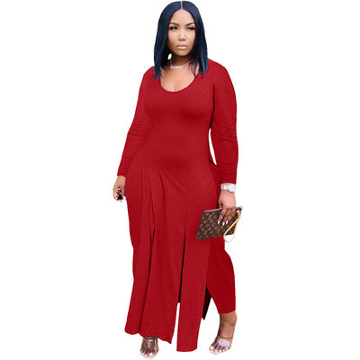 Red Full Sleeve Slit Long Dress Top and Pants Set
