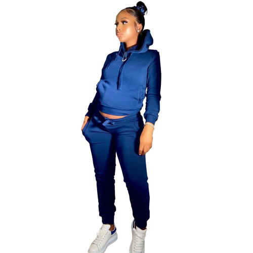 Royal Blue Winter Warm Solid Front Pocket Sweatsuits