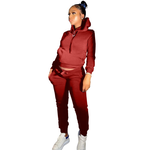Red Winter Warm Solid Front Pocket Sweatsuits