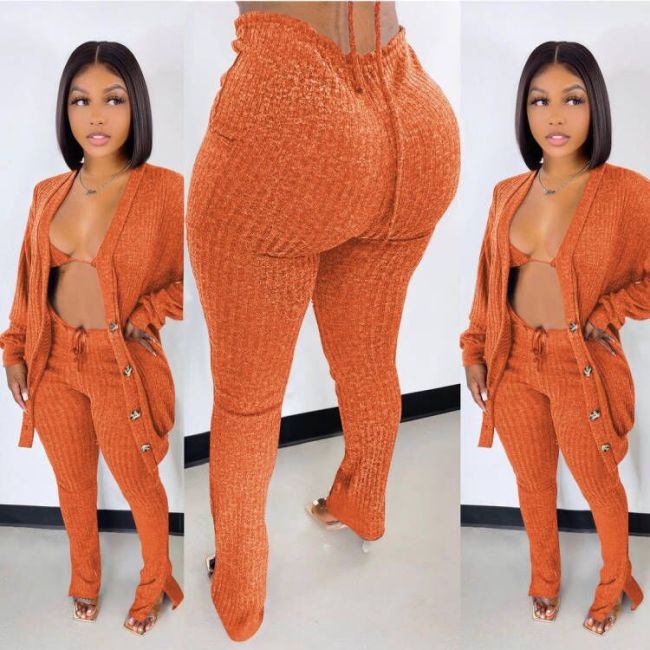 Orange Knitted Bra Top + Cardigan + Pants 3PCS Set