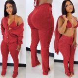 Red Knitted Bra Top + Cardigan + Pants 3PCS Set