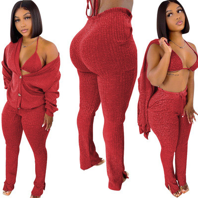 Red Knitted Bra Top + Cardigan + Pants 3PCS Set