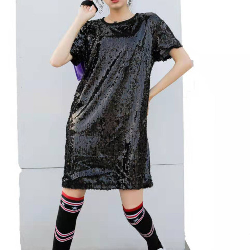 Sequin Black Bling Bling Casual T-Shirt Dress