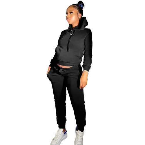 Black Winter Warm Solid Front Pocket Sweatsuits