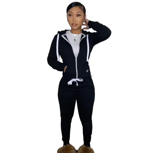 Winter Warm Black Zipper Hooded Tracksuit