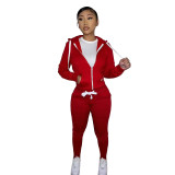 Winter Warm Red Zipper Hooded Tracksuit