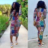 Print Colorful Long Sleeve Crop Top Bodycon Midi Dress