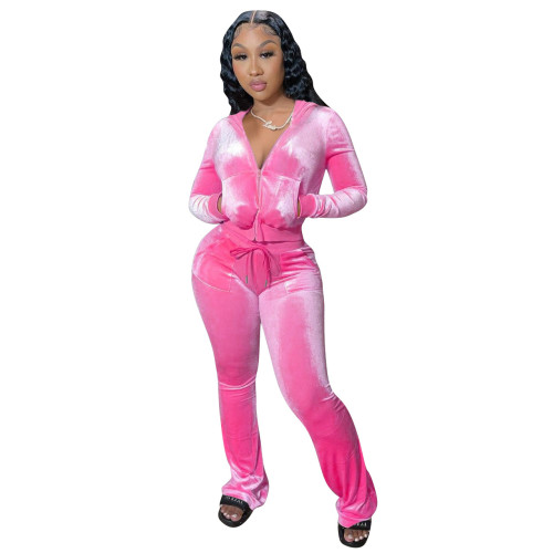 Pink Velvet Zipper Open Long Sleeve Hoody Top and Pant Two Piece Set