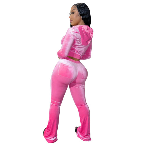 Pink Velvet Zipper Open Long Sleeve Hoody Top and Pant Two Piece Set