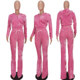 Pink Velvet Zipper Open Long Sleeve Hoody Top and Pant Two Piece Set