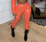 Orange Patent PU Leather Pants
