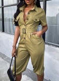 Army Green Button Up Short Sleeve Cargo Rompers with Belt