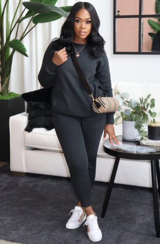 Black O-Neck Long Sleeve Top and Pants Two Piece Set