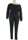 Plus Size Black Boat Neck Irregular Top and Tight Pants Two Piece Set