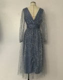 Sequin Blue V-Neck Long Sleeve Prom Dress