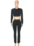 Black Long Sleeve O-Neck Crop Top and Hole Pants Two Piece Set