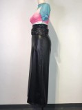 Black Pu Leather High Waist Wide-Leg Pants With Belt