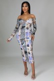 Contrast Print U-Neck Long Sleeve Sheath Midi Dress