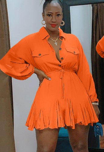 Orange Button Up Turndown Collar Drawstring Mini Shirring Dress