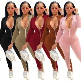 Pink Ribbed Zip Up Long Sleeves Fitted Jumpsuit
